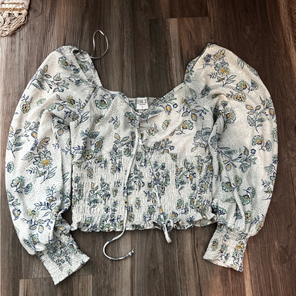Sienna Sky White and Gray Smocked Long Sleeve Blouse